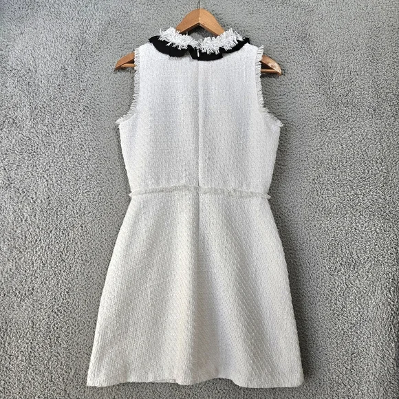 CeCe White Mini Dress Sz 6 M Tweed Sleeveless Black Bow Neck Tie Graduation - Picture 3 of 13